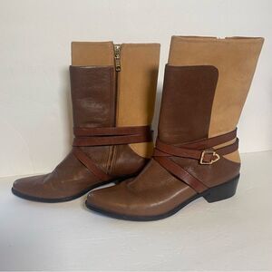 Rebecca Minkoff Sebas Boots Brown Leather Suede Mid Calf Strappy Equestrian